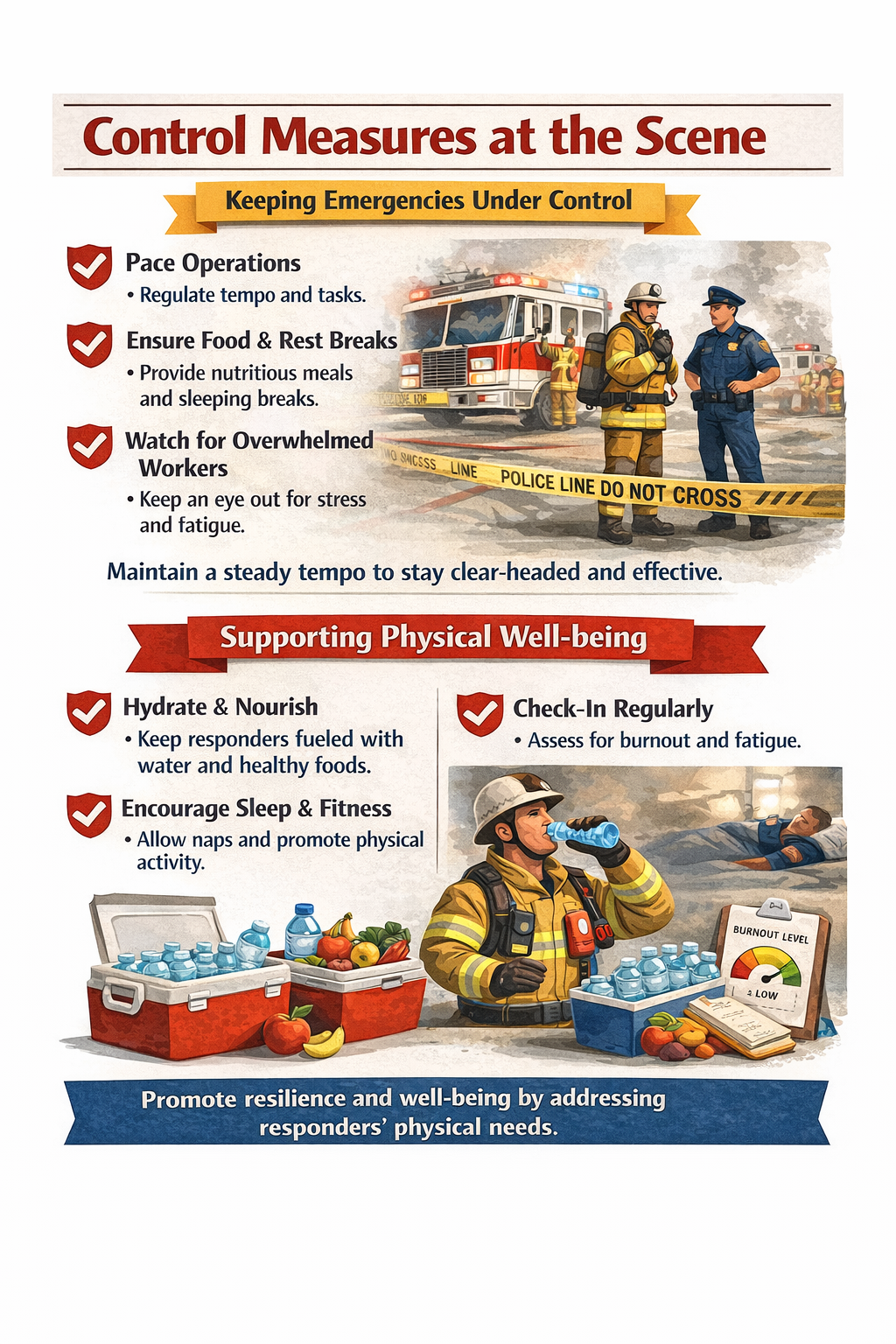 “Infographic explaining control measures at an emergency scene and ways to support physical well-being for emergency crews.”