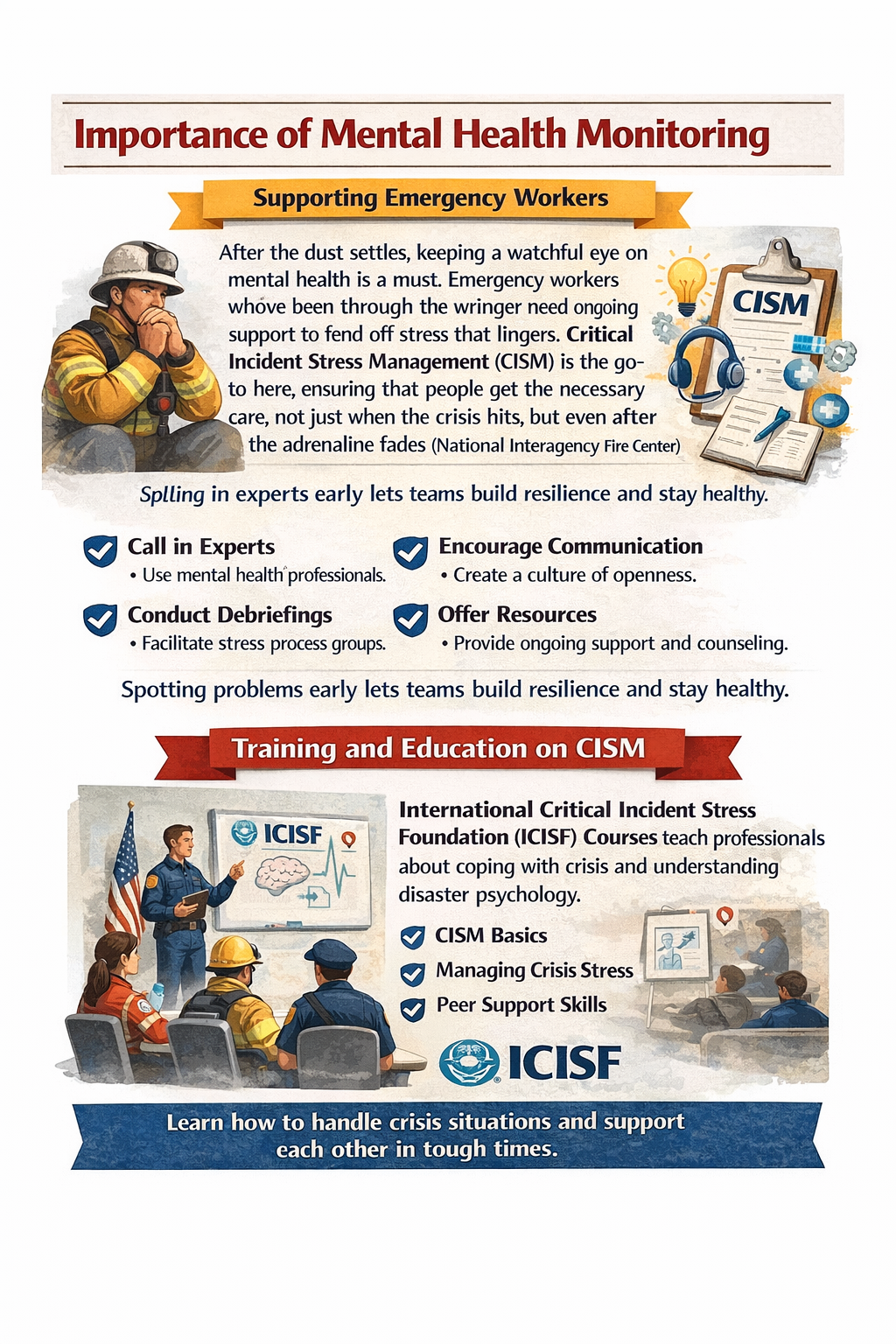 “Infographic explaining the importance of mental health monitoring and training in Critical Incident Stress Management (CISM) for emergency workers.”