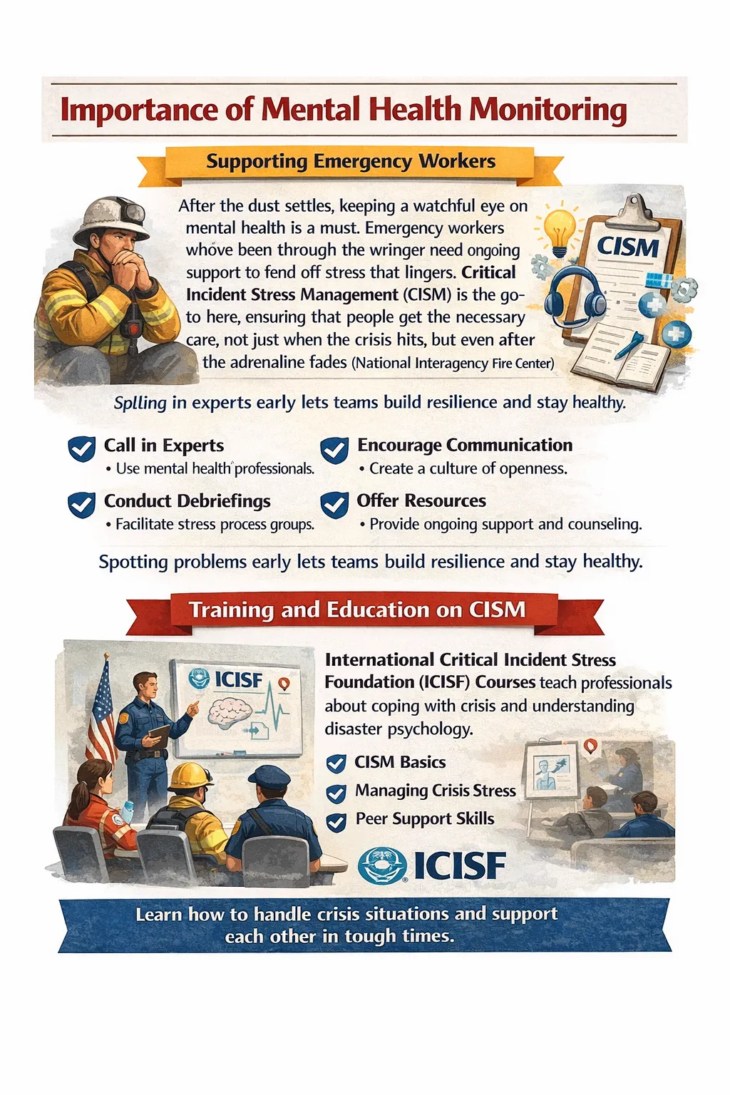 “Infographic explaining the importance of mental health monitoring and training in Critical Incident Stress Management (CISM) for emergency workers.”
