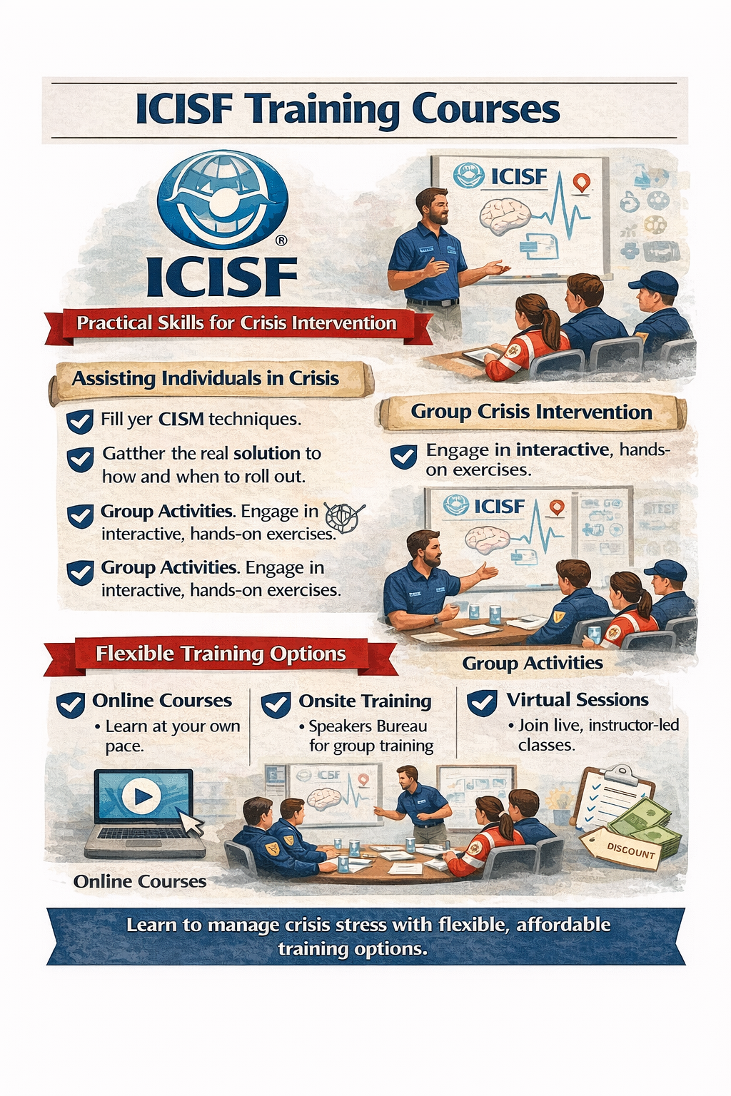 “Infographic outlining ICISF training courses for Critical Incident Stress Management (CISM), including crisis intervention skills and flexible training options.”
