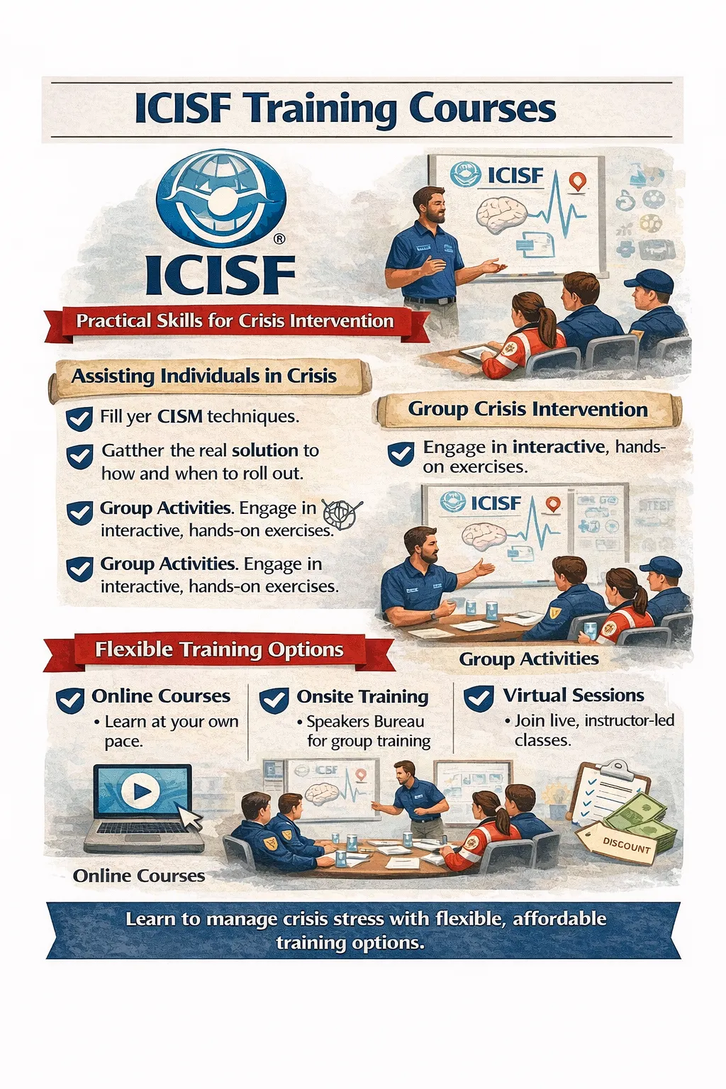 “Infographic outlining ICISF training courses for Critical Incident Stress Management (CISM), including crisis intervention skills and flexible training options.”