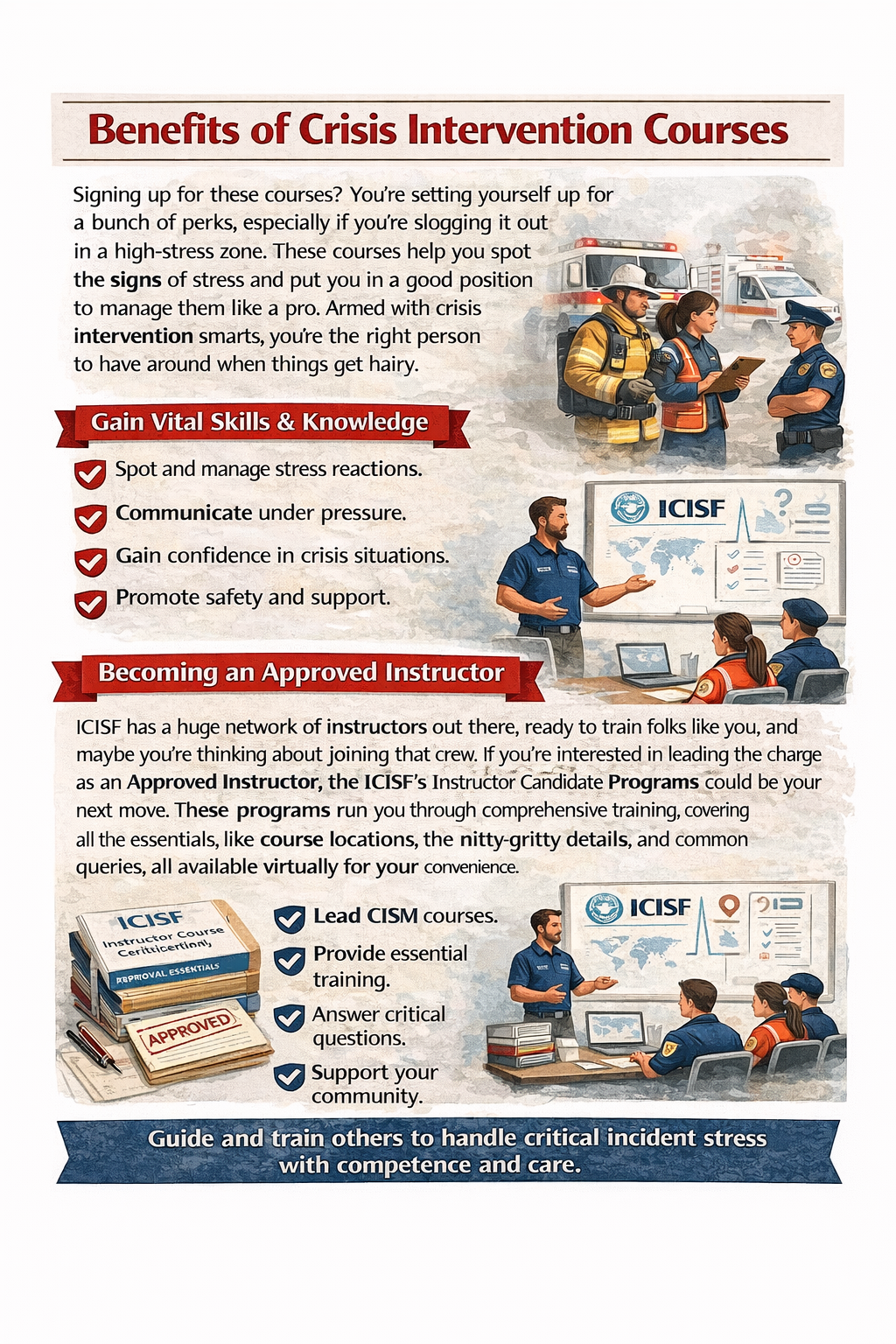 “Infographic showing benefits of crisis intervention courses and steps to become an ICISF approved instructor for Critical Incident Stress Management (CISM).”