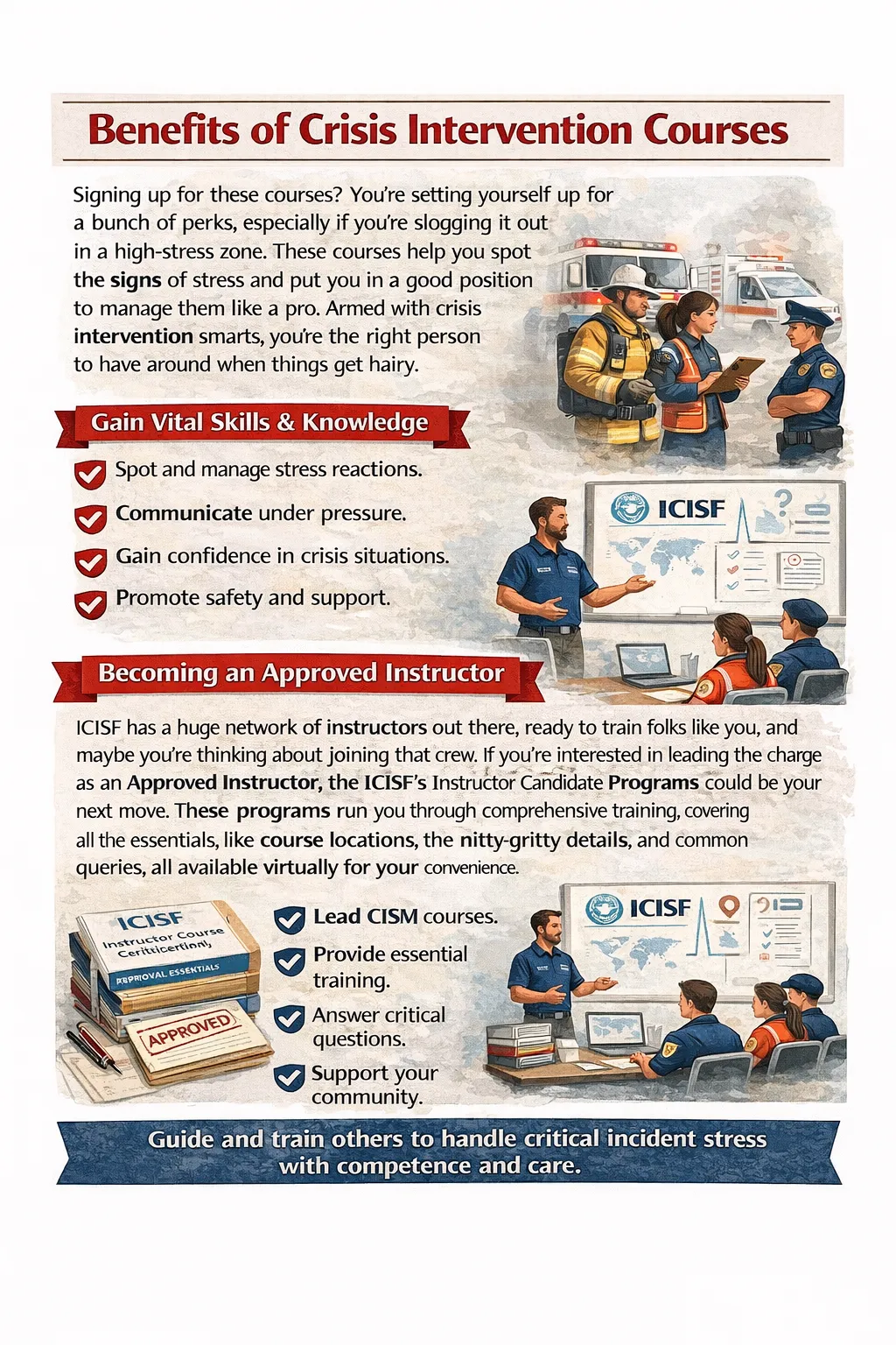 “Infographic showing benefits of crisis intervention courses and steps to become an ICISF approved instructor for Critical Incident Stress Management (CISM).”