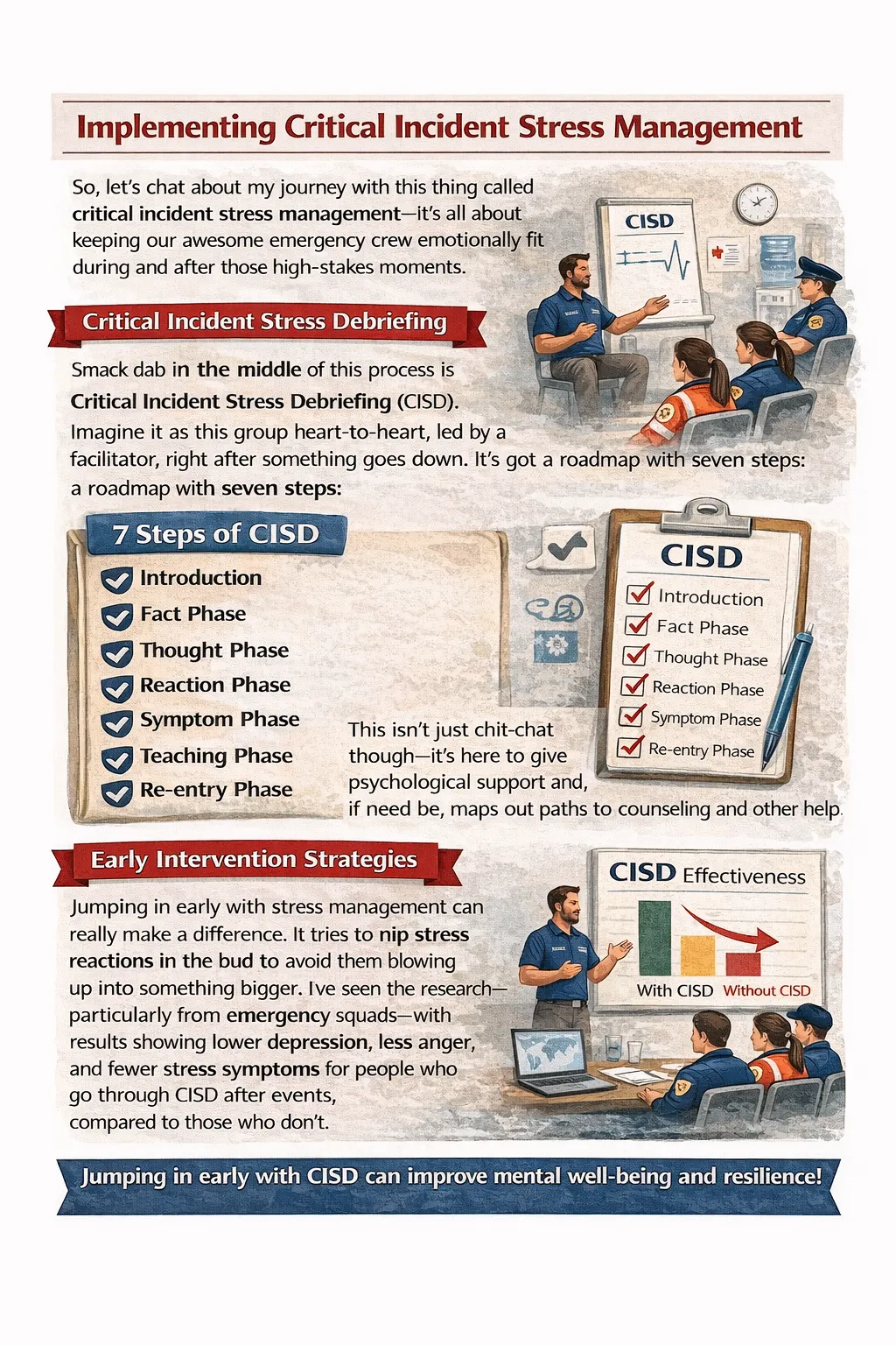 “Infographic explaining how to implement Critical Incident Stress Management, including the seven steps of Critical Incident Stress Debriefing (CISD) and early intervention strategies.”