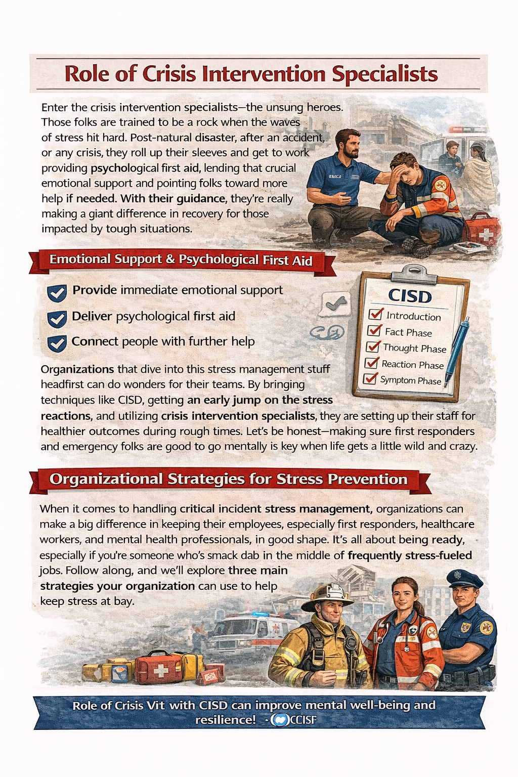 “Infographic explaining the role of crisis intervention specialists and organizational strategies for preventing critical incident stress in emergency workers.”