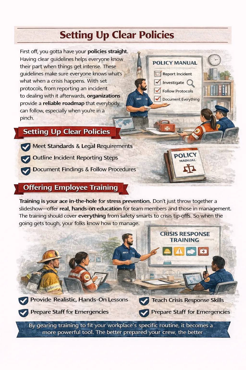 “Infographic explaining how to set up clear crisis response policies and provide employee training to improve emergency preparedness and stress prevention.”