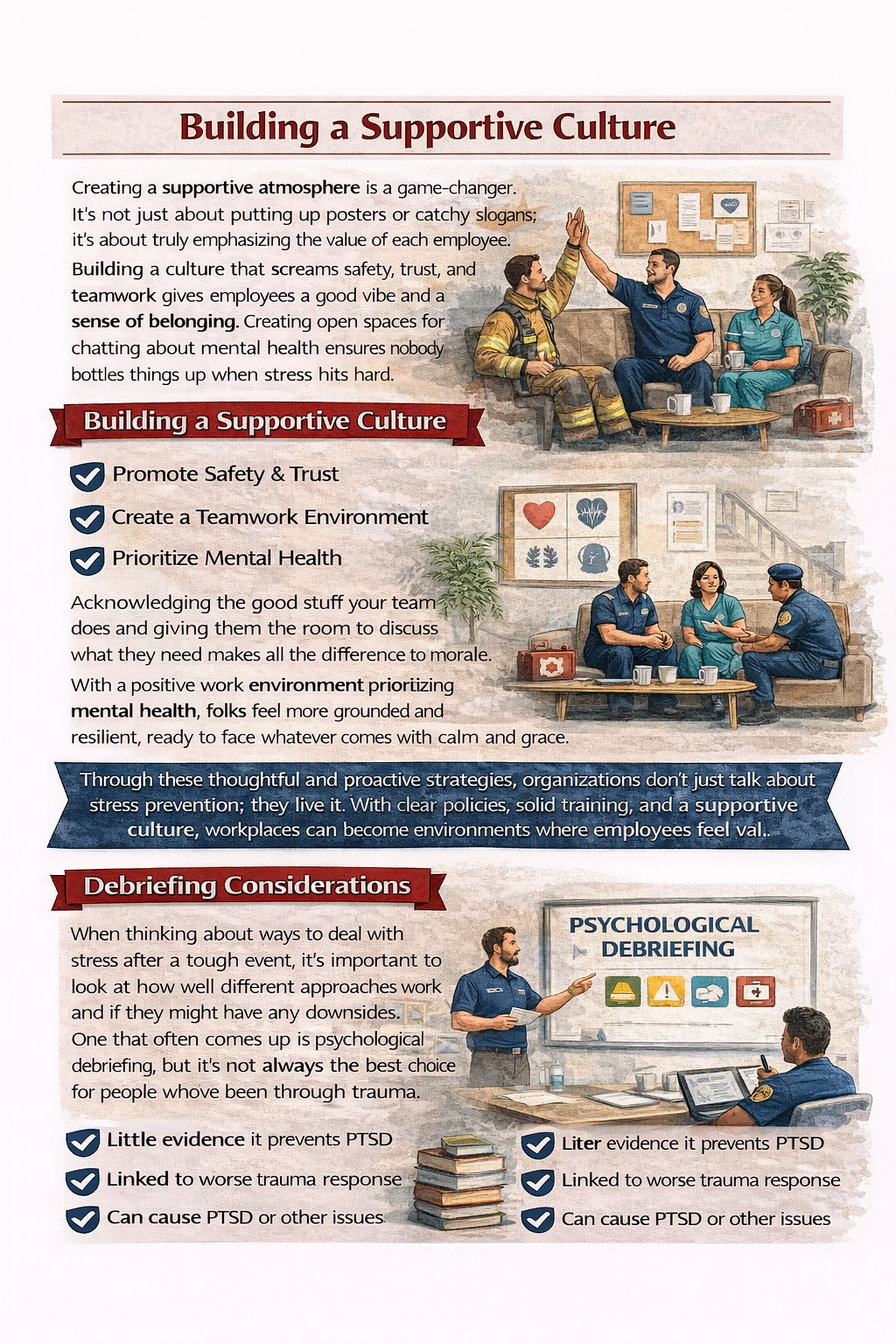 “Infographic explaining how to build a supportive workplace culture and outlining considerations about psychological debriefing after traumatic events.”