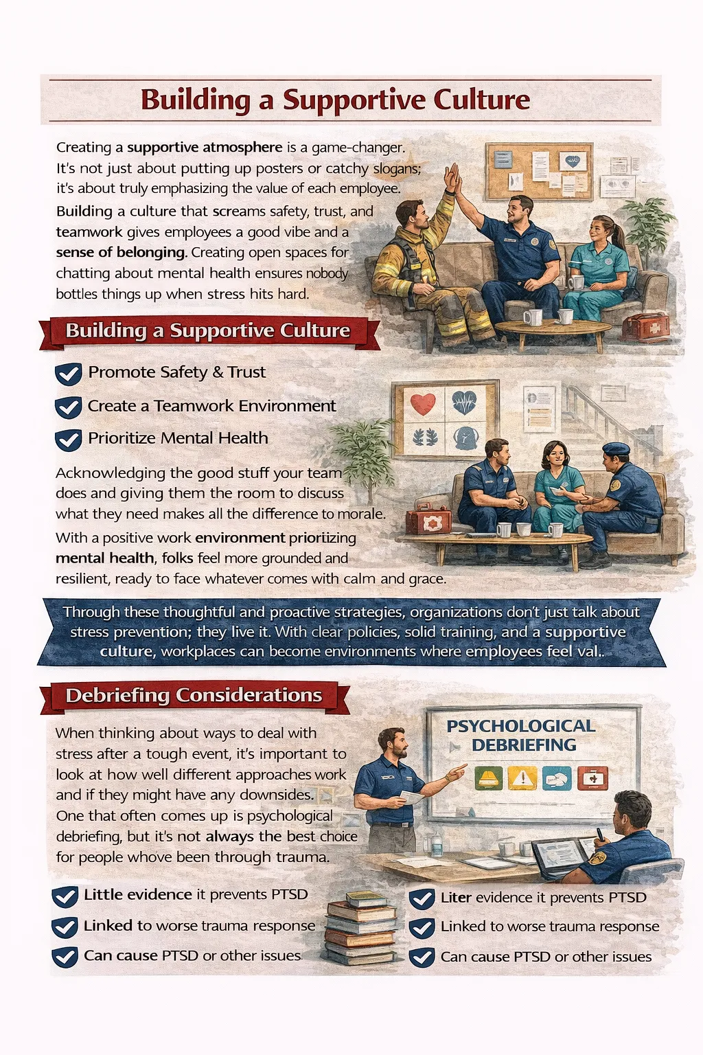 “Infographic explaining how to build a supportive workplace culture and outlining considerations about psychological debriefing after traumatic events.”