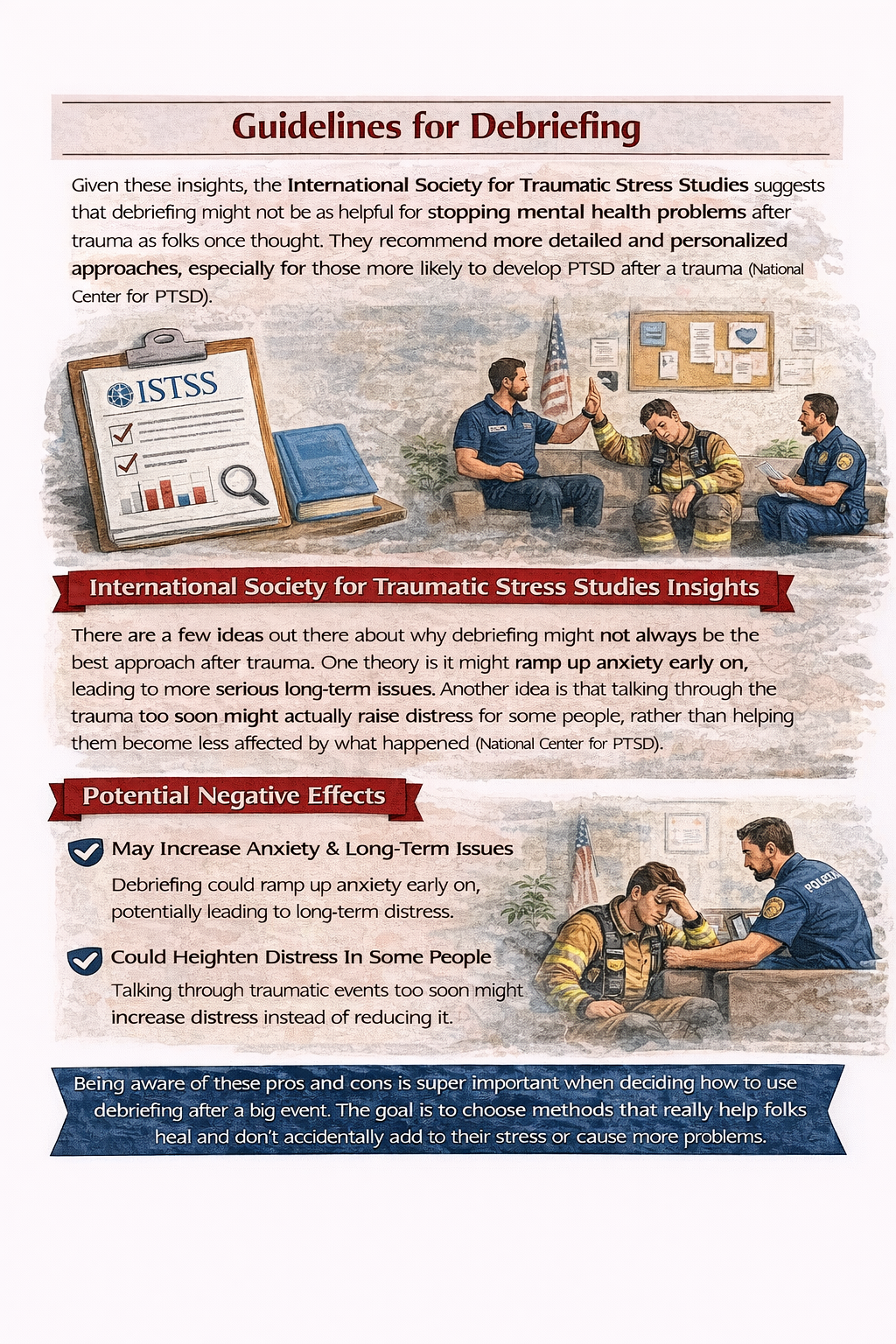 “Infographic explaining guidelines for debriefing after trauma and warning about potential negative effects like increased anxiety and distress.”