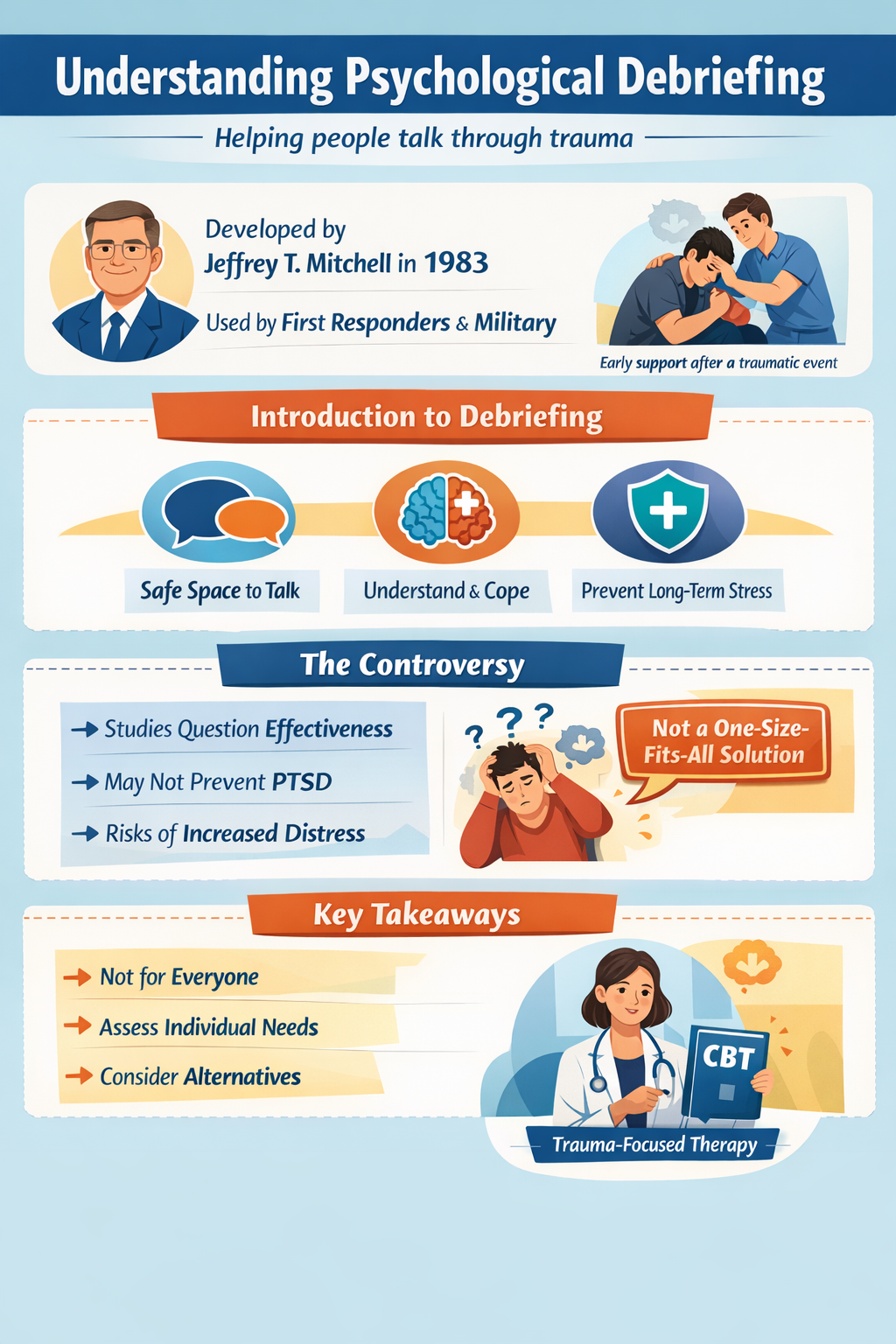 Psychological debriefing infographic outlining trauma support, effectiveness debates, PTSD risks, and evidence-based mental health alternatives